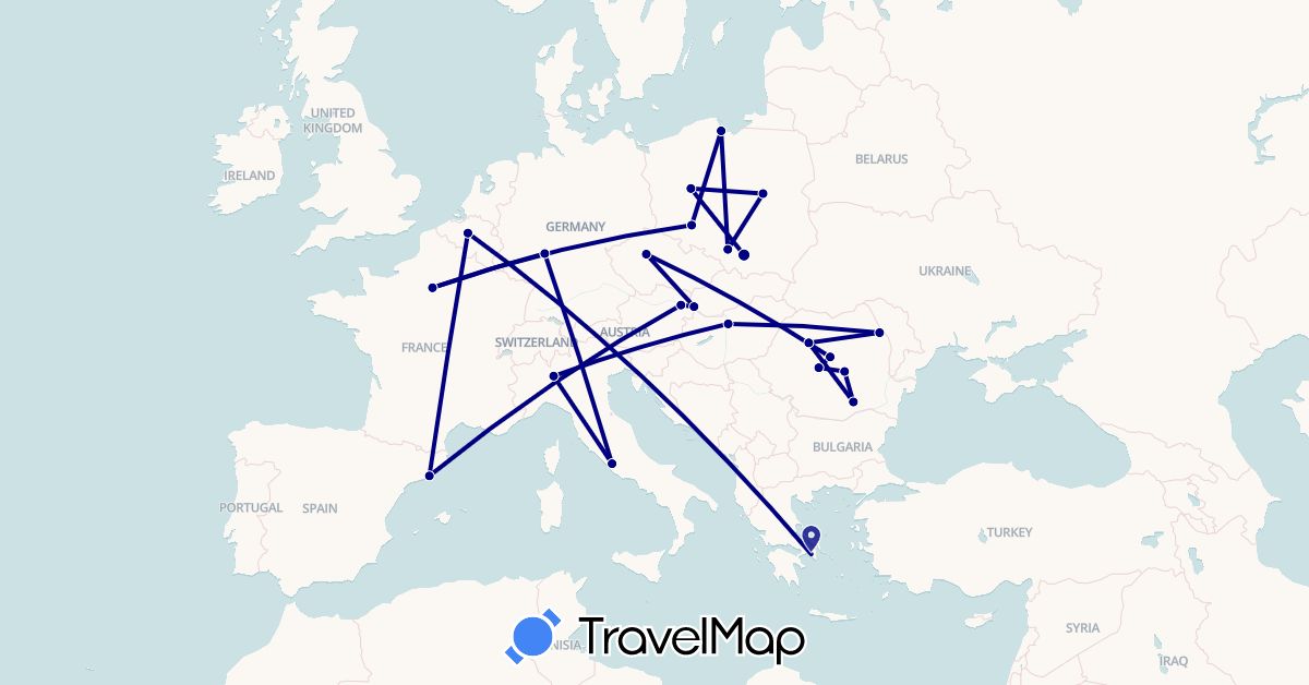 TravelMap itinerary: driving in Austria, Belgium, Czech Republic, Germany, Spain, France, Greece, Hungary, Italy, Poland, Romania, Slovakia (Europe)